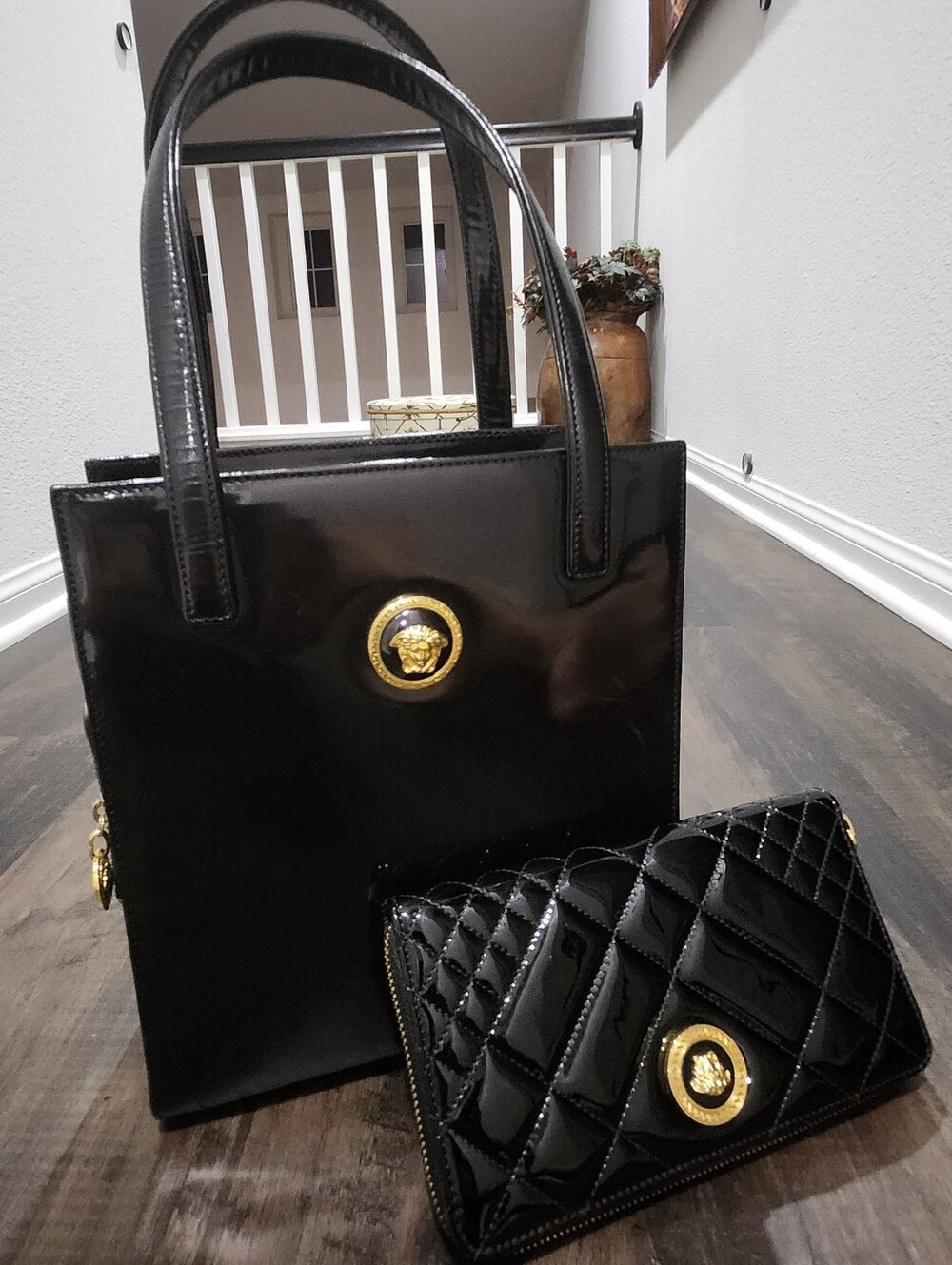 Vintage Versace Black Patent Leather Medusa Tote + Wallet Set